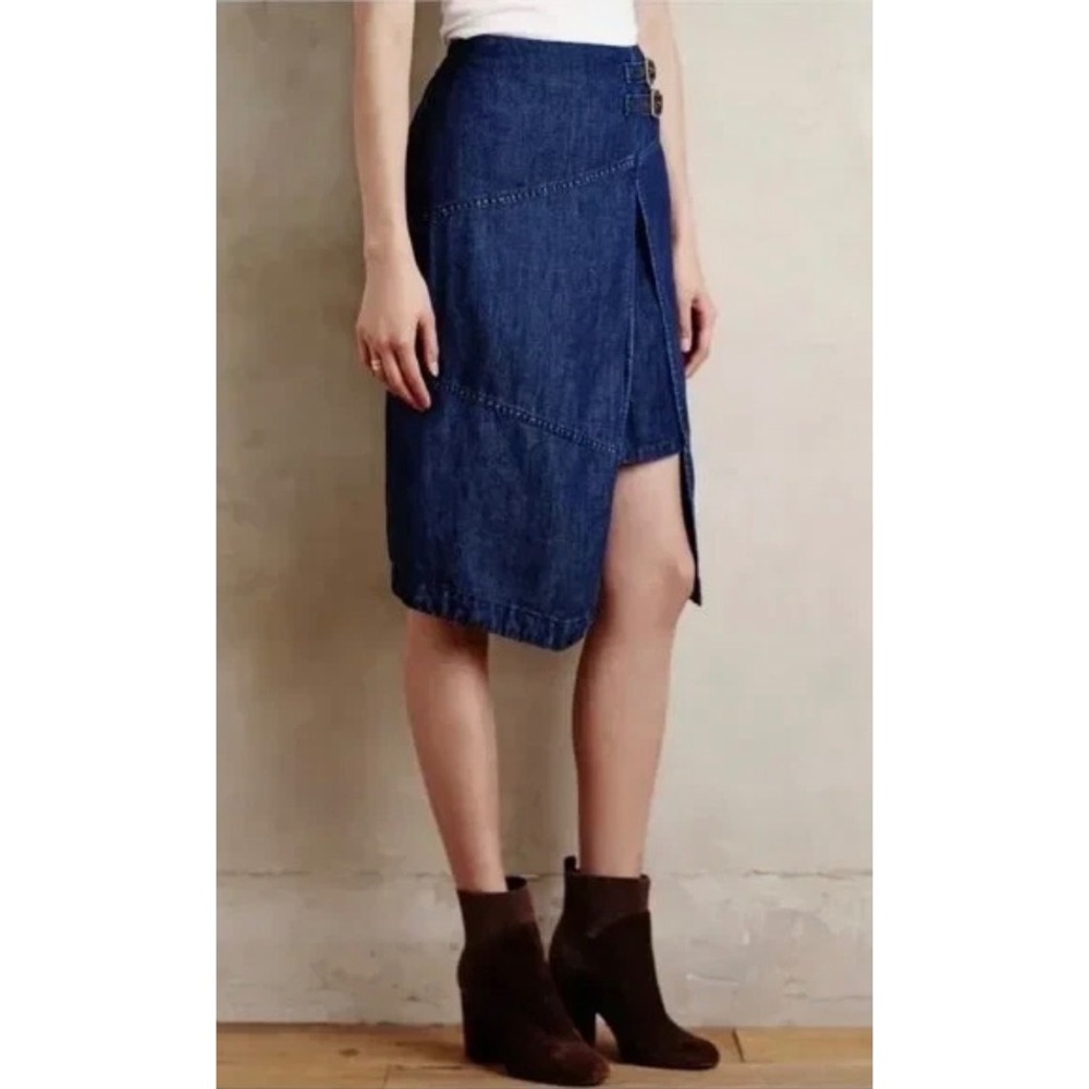 Holding Horses Anthropologie Denim Midi Skirt Blue Buckle Detail Wrap Front Sz 2